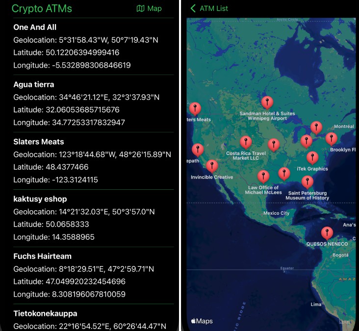 一个iOS应用程序，显示全球加密货币ATM的详细信息和位置